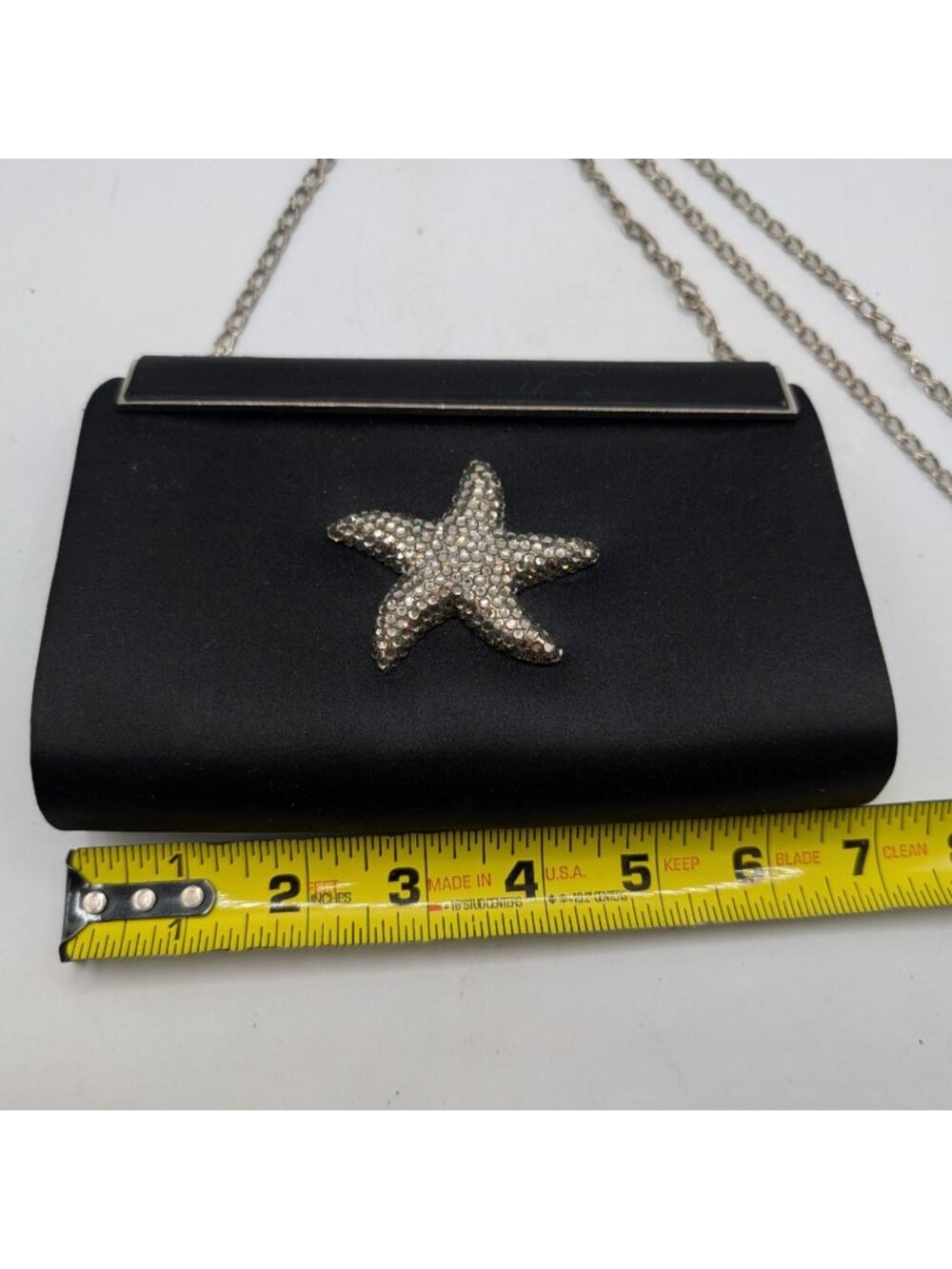 Eliza Gray Starfish Crystal Embellished Black Satin Evening Bag W Silver Chain - Picture 7 of 15